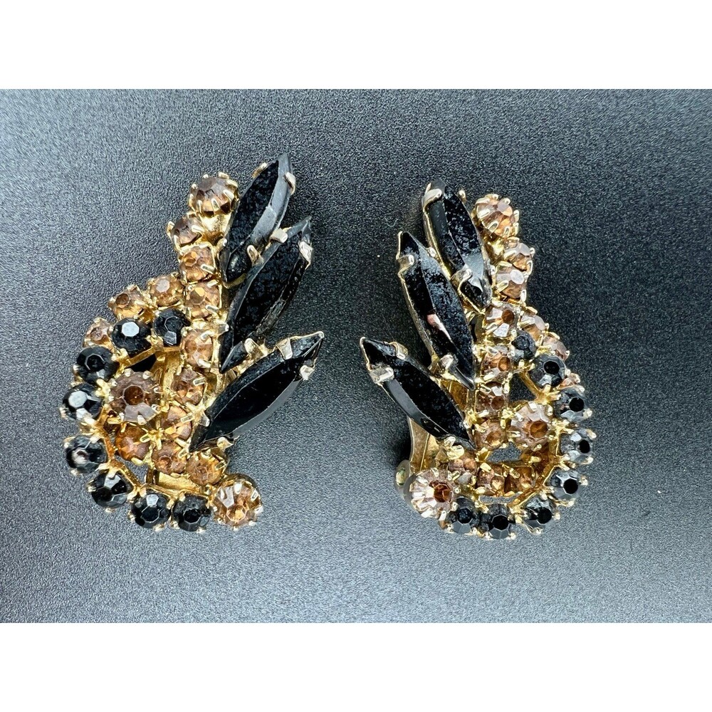 Ref No. 5920 Vintage Juliana D&E Black & Topaz Rhinestone Scroll Clip Earrings